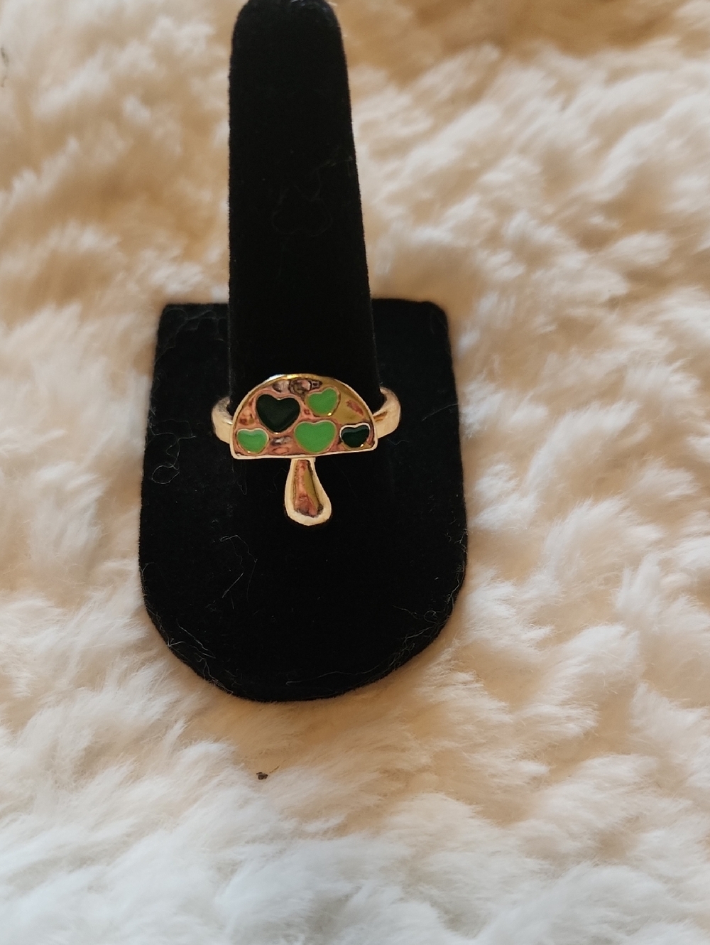 Adorable Gold-Tone Mushroom Ring with Green Enamel Hearts - Fairycore Vibe